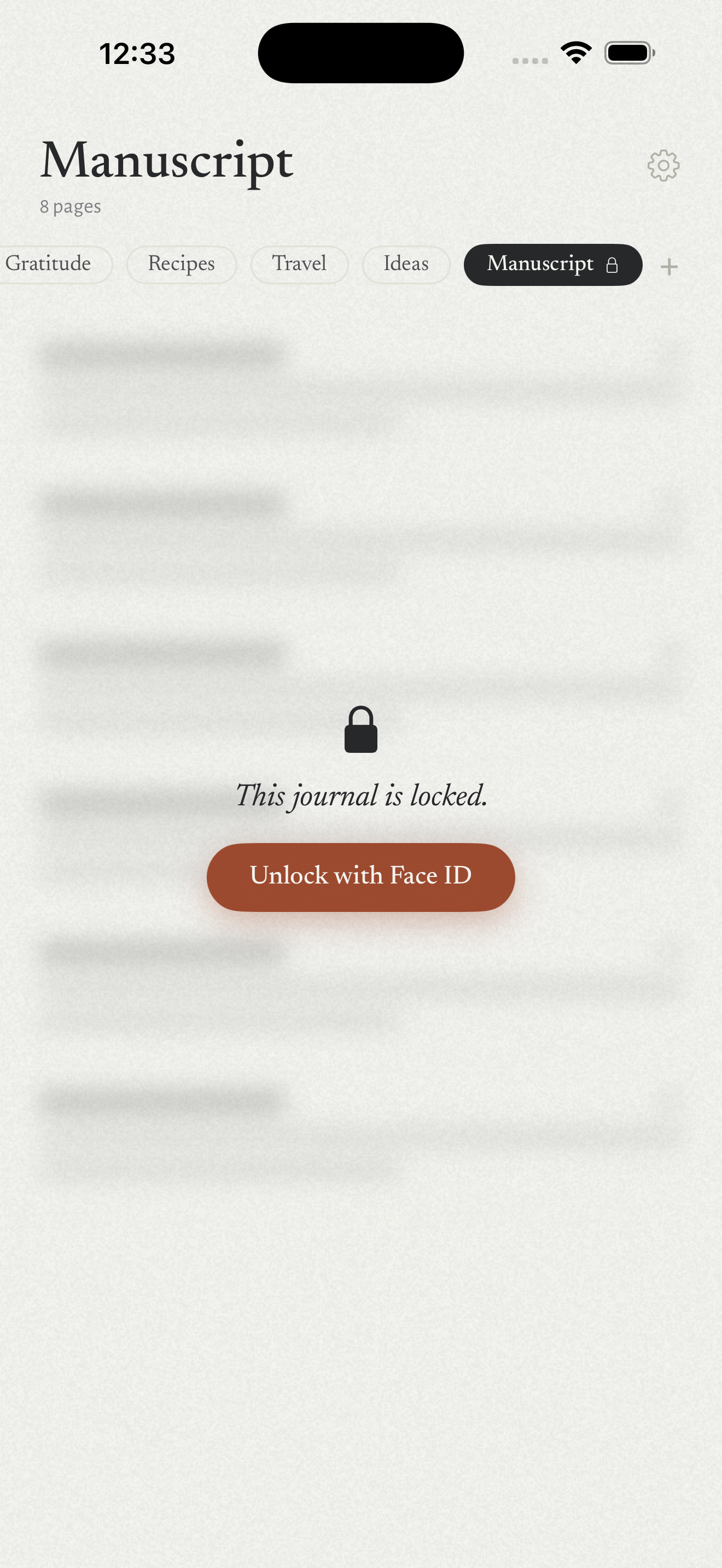 Papyr showing a locked journal requiring Face ID or a passcode