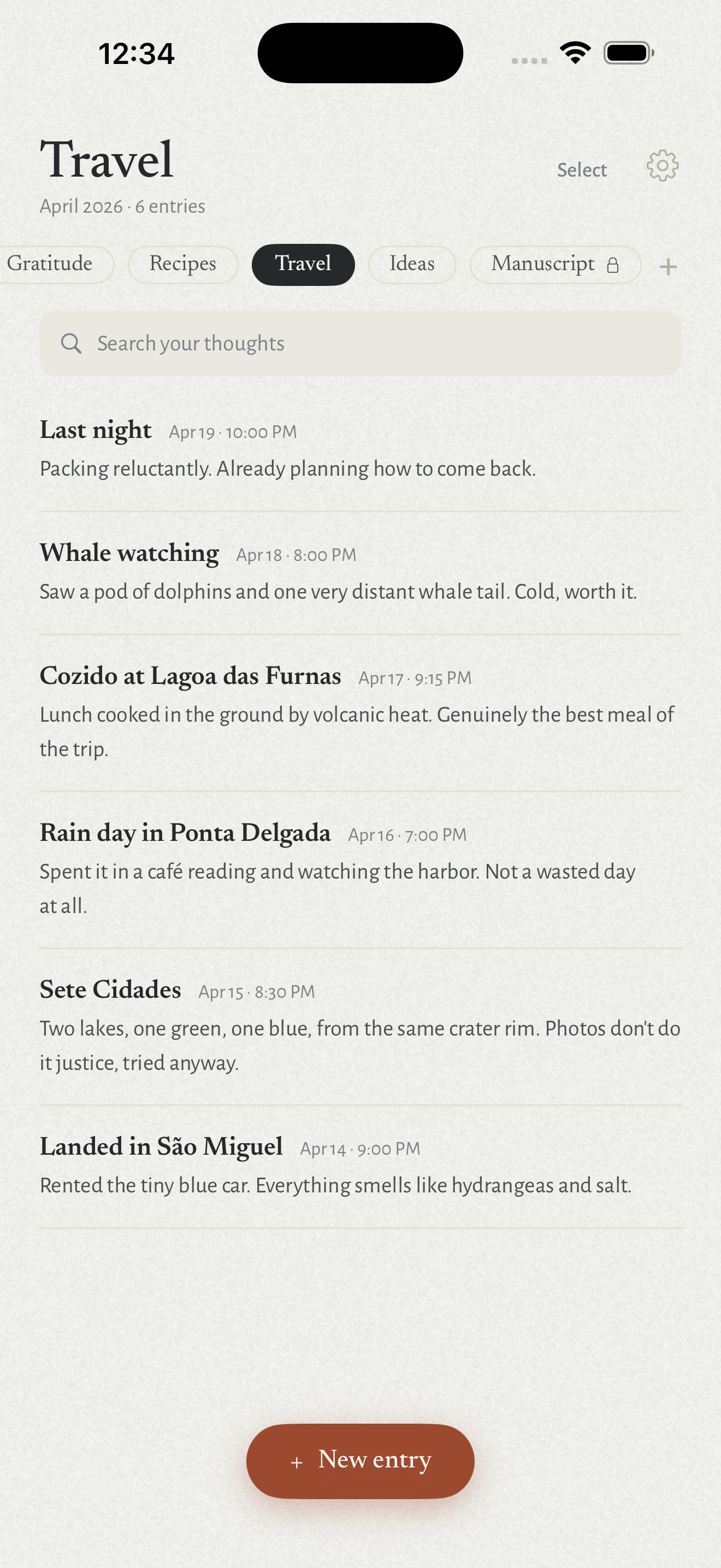 Papyr on iPhone showing a travel journal