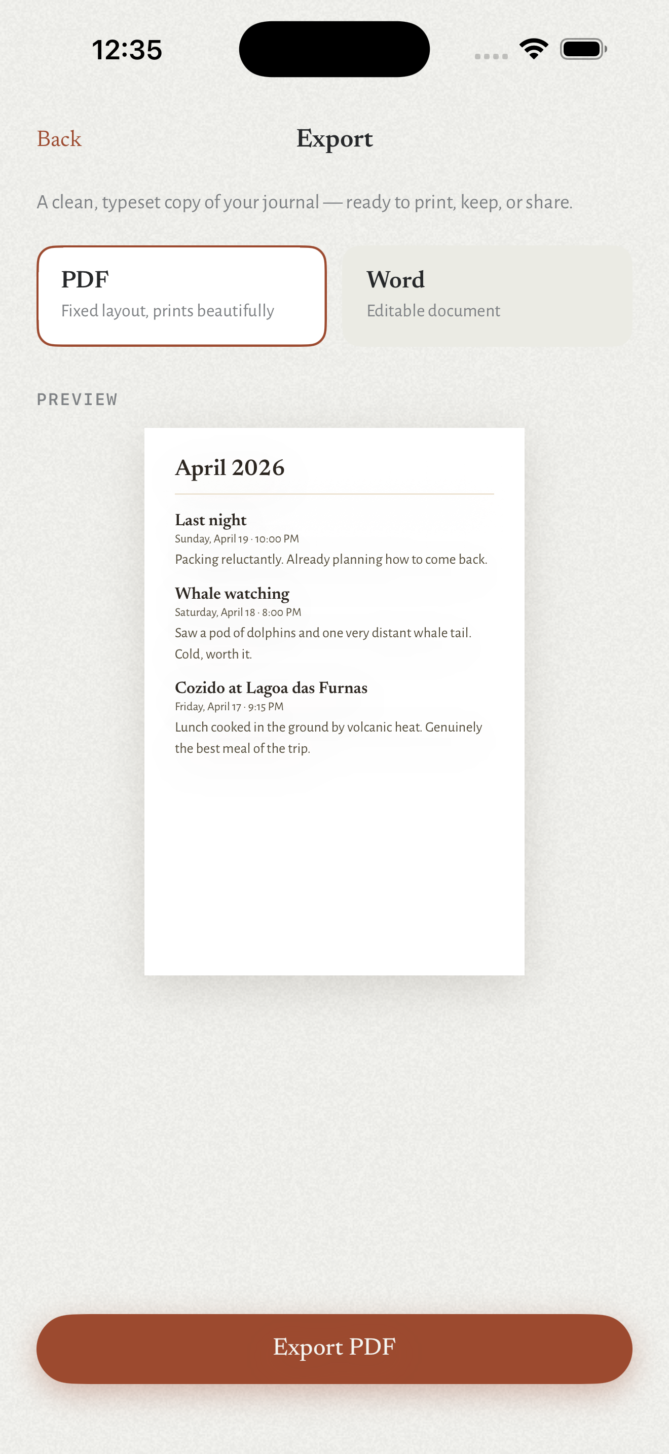 Papyr export screen offering PDF and Word export options