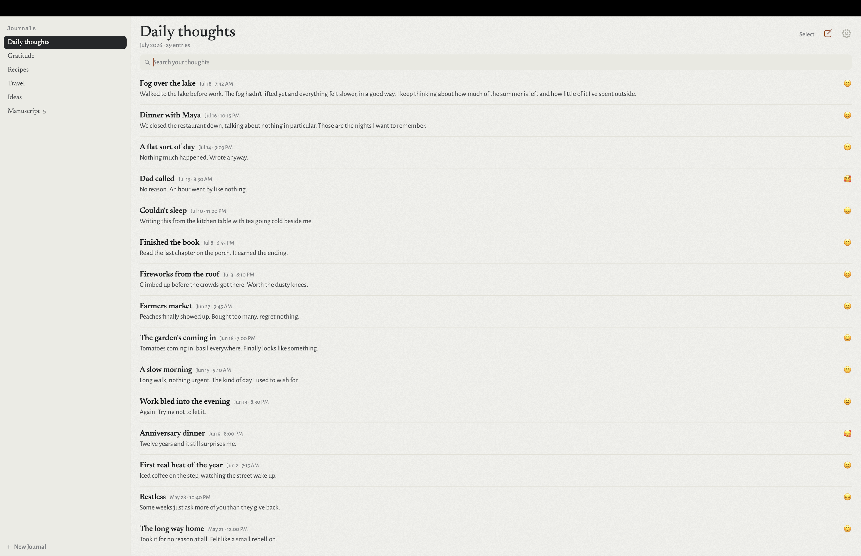 Papyr on Mac showing journals in a sidebar beside a list of dated entries