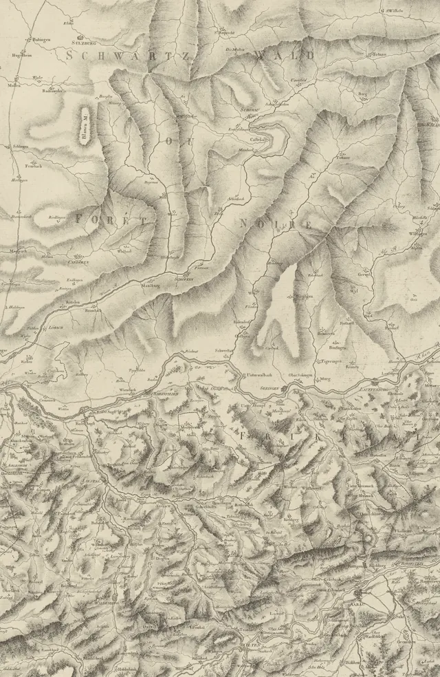 An engraved antique map of the Black Forest with hand-drawn relief